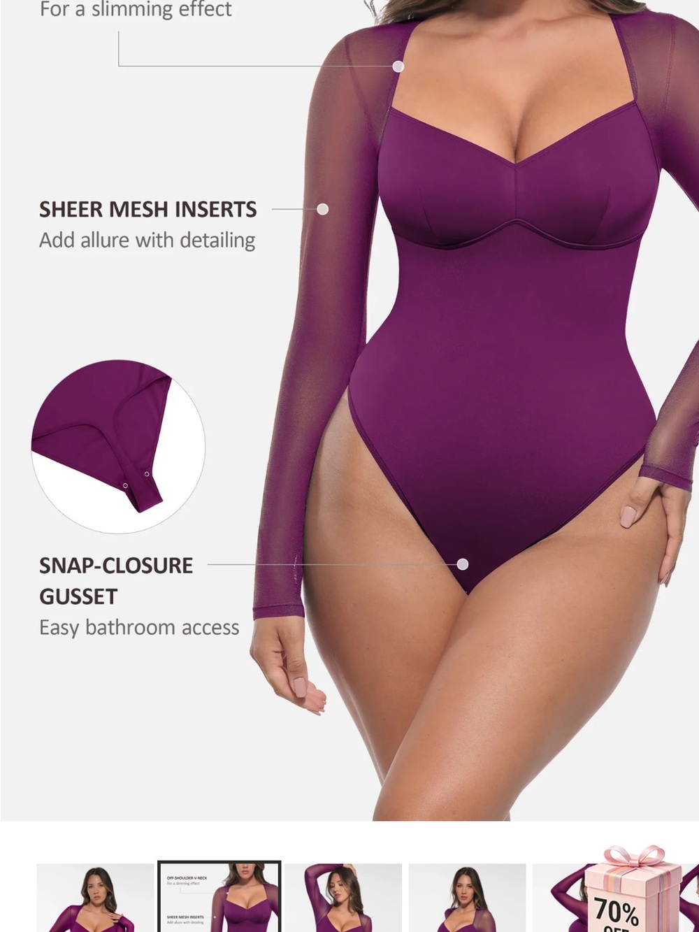Sheer Sleeve Bodysuit Shapewear - Plum